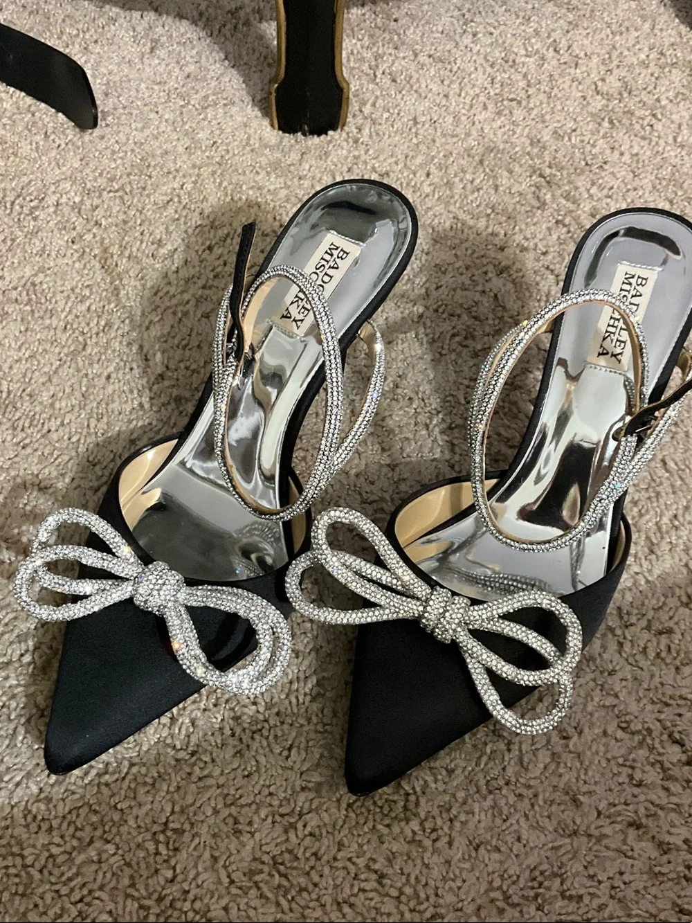 Badgley Mischka Black Satin Pointed-Toe Slingback Heels with Crystal Bow